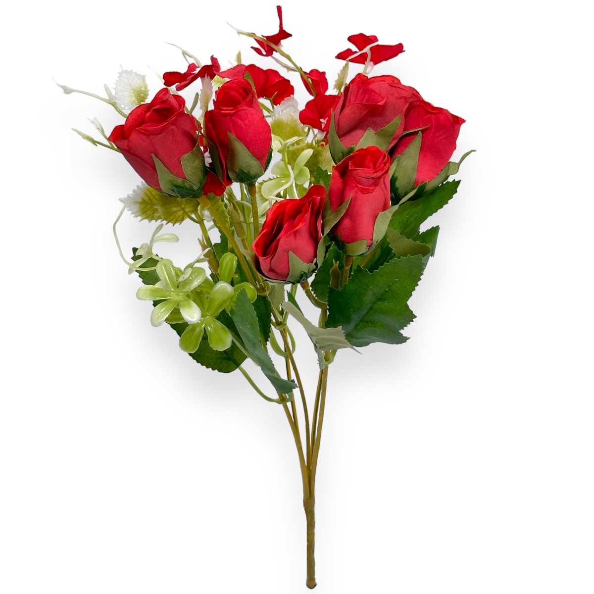 Bouquet di 6 rose con mini ortensia rossa - AmbalajeFloriOnline
