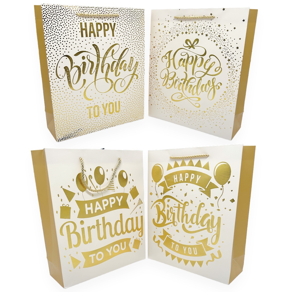 Set 12 Pungi Cadou Happy Birthday Alb Auriu 26x32x10