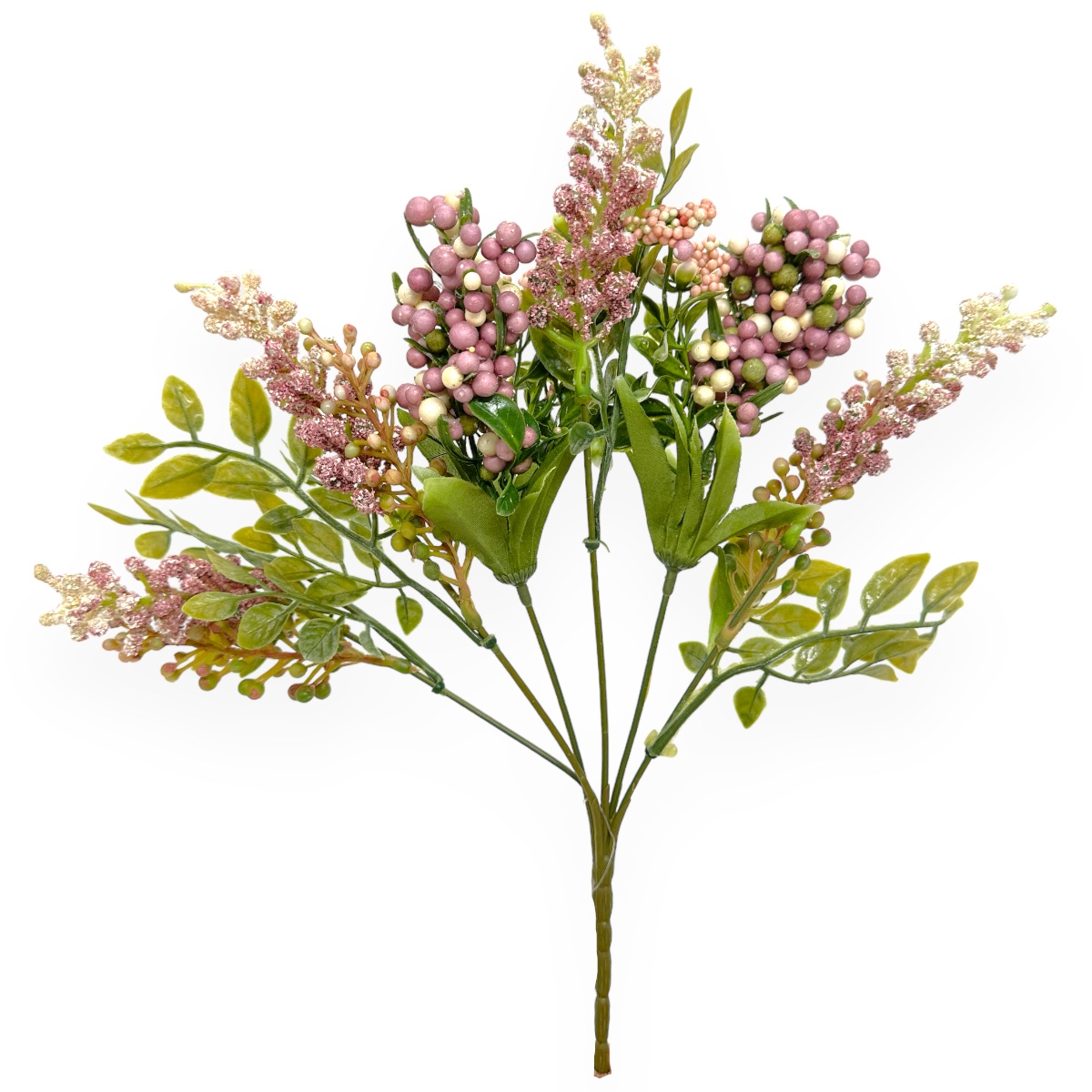 Buchet Artificial 6 Fire Bobite, Ciorchini si Verdeata Violet si Crem