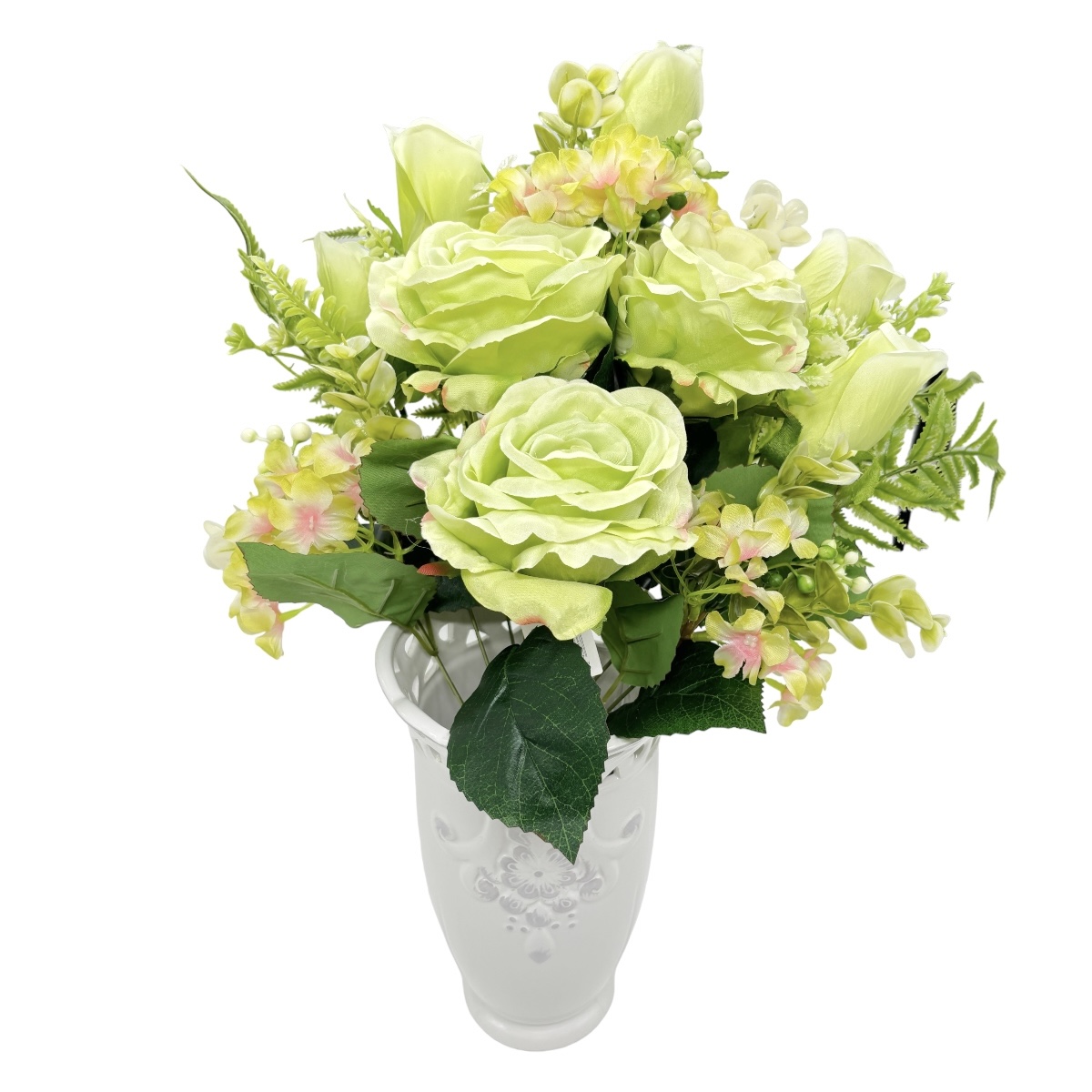 Buchet 11 Fire Trandafir si Hortensie Verde Mar