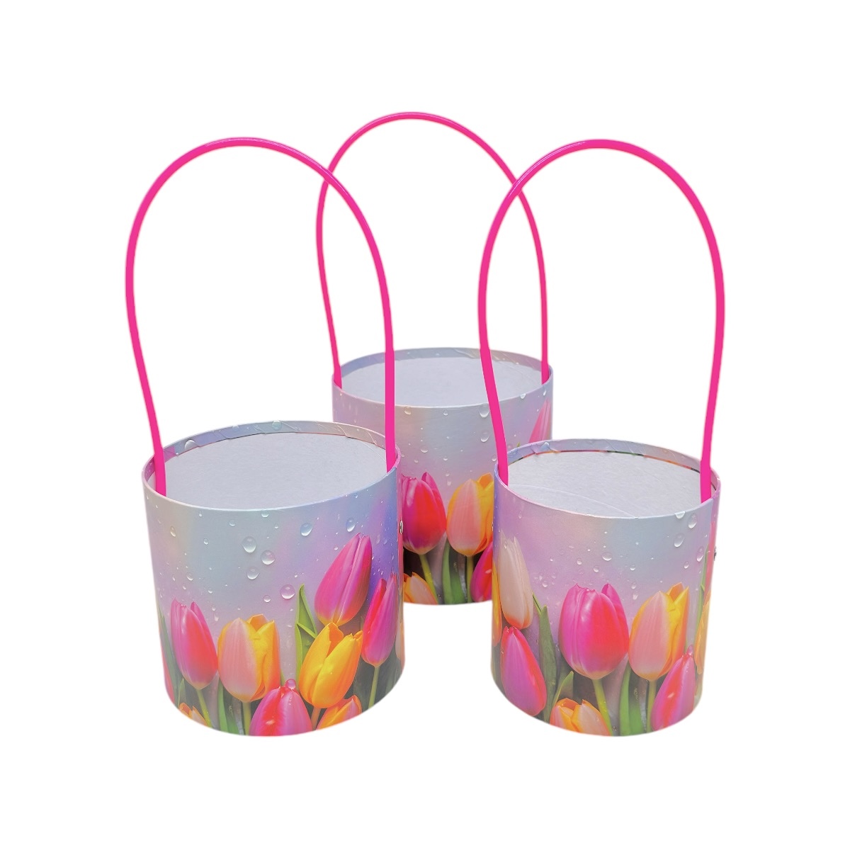 Set 3 Cutii Rotunde cu Maner si Model Buchet Lalele